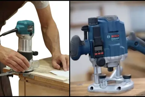 Un artisan utilise une défonceuse pour fabriquer un guide précis. Une autre défonceuse Bosch est montrée.