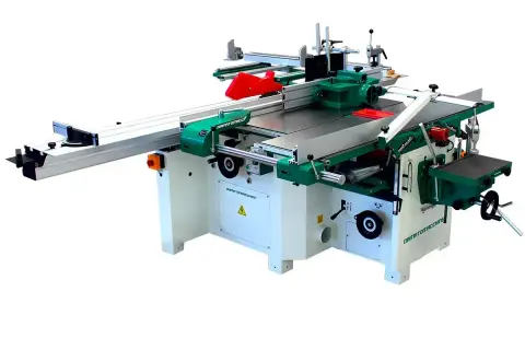 Machine à bois professionnelle, combinant scie circulaire, dégauchisseuse et toupie pour des travaux de menuiserie précis.