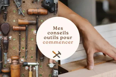 Collection d'un vieil outil ébéniste sur un panneau perforé, avec une main travaillant le bois. Conseils pour débuter.