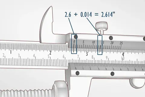 Un pied à coulisse sert à mesurer avec précision. Ici, on lit 2.614 pouces, résultat d'une mesure fine.