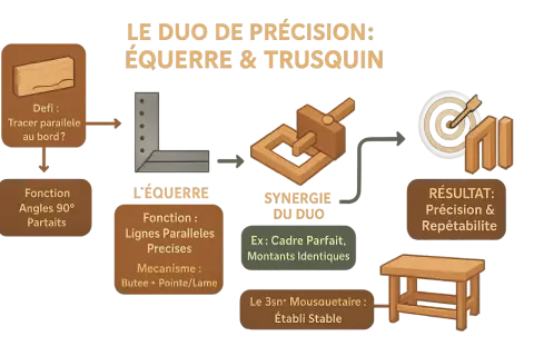 L'équerre d'ébéniste, outil de précision, permet de tracer des lignes parallèles et des angles parfaits pour des montants identiques.