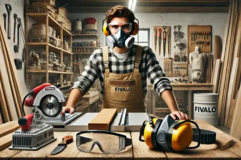 Un menuisier prépare son travail dans son atelier. Il porte un masque, des lunettes et un tablier. Des outils et du bois sont disposés sur la table.