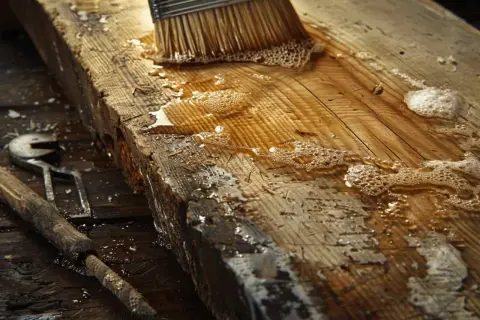 Un pinceau applique un liquide moussant sur une planche de bois brute. L'essence de térébenthine bois pénètre les fibres.