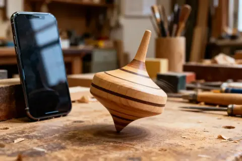 Une toupie en bois tourne sur un établi, à côté d'un smartphone. Un artisan a créé cette machine toupie.