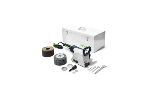 Ensemble d'outils Festool pour le décapage et le nettoyage, incluant une machine, des brosses, des clés et une boîte de rangement. Idéal pour le rustofix.