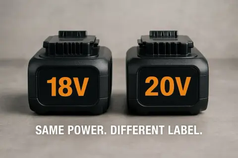 Deux batteries, 18V et 20V, côte à côte. La question : peut on charger une batterie 18v avec un chargeur 20v ? Même puissance, étiquette différente.