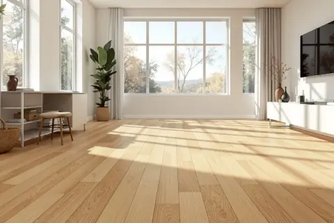 Parquet clair et lumineux, idéal pour un salon moderne. Le vitrification parquet prix m2 est un investissement pour la beauté et la durabilité.