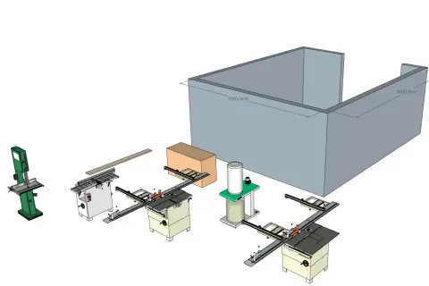 Plan atelier menuiserie : scie à ruban, dégauchisseuse, deux scies circulaires, un aspirateur et un bloc de bois dans un espace de 5x6m.