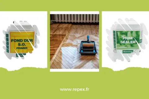 Application d'un fond dur sur un parquet. Le produit est prêt à être appliqué avant la teinture ou la finition.