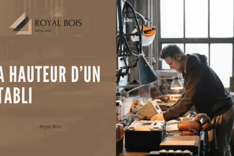 Un artisan ajuste la hauteur d'un établi dans son atelier. Le texte "LA HAUTEUR D'UN ÉTABLI" est visible.