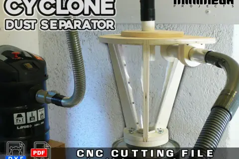 Un aspirateur industriel relié à un filtre cyclonique en bois et plastique transparent. Idéal pour un atelier propre.