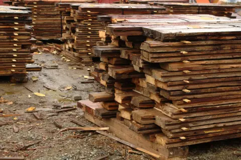 Piles de planches de bois brutes, humides et empilées, attendant la récupération.