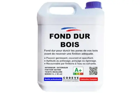 Bidon de 5L de FOND DUR BOIS, un produit pour durcir les pores du bois avant finition. Idéal pour préparer vos surfaces avant ponçage ou égrenage.