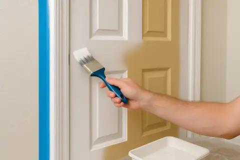 Main tenant est en train de peindre une porte. La moitié de la porte est déjà peinte en jaune, l'autre moitié est blanche.