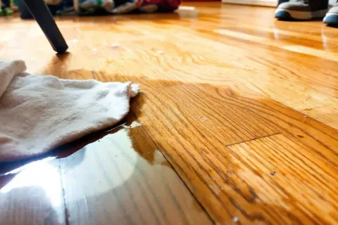 Chiffon blanc absorbant une flaque sur un parquet en bois, étape pour enlever tache urine sur parquet bois.