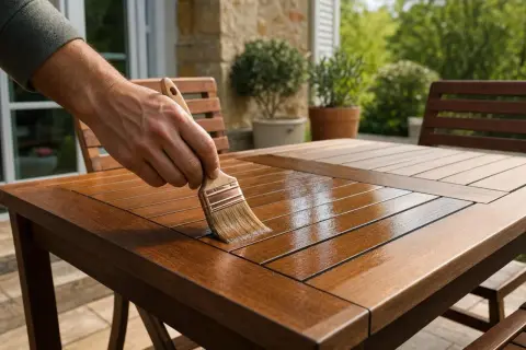 Application de vernis marin sur une table de jardin en bois pour assurer sa durée de vie.