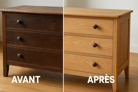 Avant/Après : un commode en bois sombre, patiné par le temps, retrouve sa jeunesse après un décapage meuble bois.