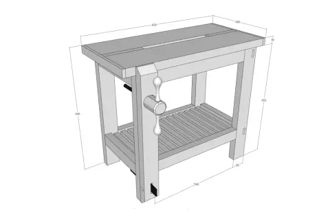 Plan pour faire un établi en bois, avec étau intégré et étagère. Dimensions indiquées.