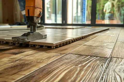 Pose d'un carrelage sur plancher bois avec un outil de pose. Le nouveau carrelage s'aligne parfaitement sur le parquet existant.