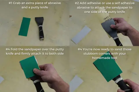 Créez un outil pour poncer sans ponceuse : fixez du papier abrasif sur une spatule. Idéal pour les coins difficiles d'accès.