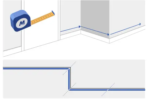 Illustration d'un mètre ruban et de plinthes dans un coin, avec des flèches indiquant les mesures.