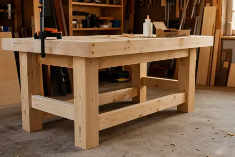 Un établi de menuisier en bois massif, prêt pour le travail. Le plan établi menuisier est visible sur le dessus, avec des vis et de la colle.