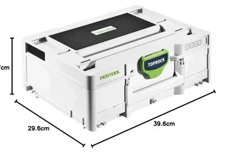 Boîtier blanc Festool avec poignée verte "TOPROCK". Ce **radio de chantier Festool** est compact et robuste, idéal pour les professionnels.