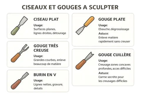 Illustration de différents types de gouge à bois : plate, très creuse, cuillère et burin en V, pour la sculpture.