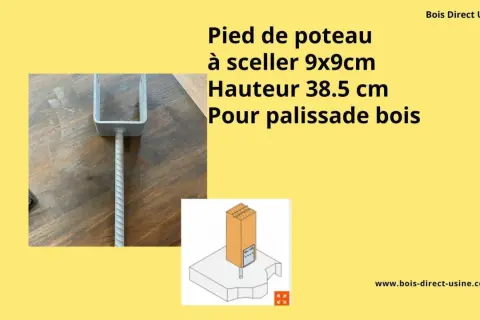 Pied de poteau en U pour fondation poteau bois, à sceller, 9x9cm, hauteur 38.5cm. Idéal pour palissades.