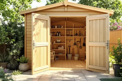 Abri de jardin en bois bien rangé, outils et pots. Faut-il lasurer l'intérieur d'un abri de jardin pour le protéger ?