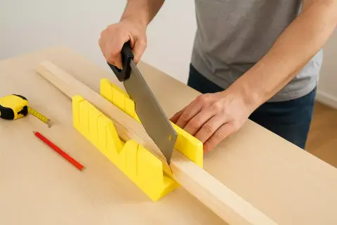 Un bricoleur utilise une boîte à onglets jaune pour une coupe plinthe précise. Un mètre ruban et un crayon sont à proximité.