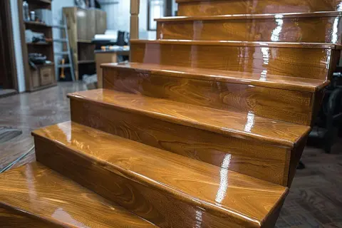 Escalier en bois neuf, dont les marches brillent après un vitrifier. La finition met en valeur le grain du bois.