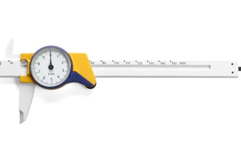 Pied à coulisse à cadran blanc et jaune, montrant les différents types de mesure de précision.