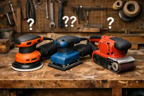 Trois ponceuses de rénovation, une orange, une bleue et une rouge, sur un établi en bois. Quel outil choisir pour votre projet ?