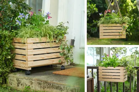 Jolis bacs à fleurs en bois, parfaits pour une décoration de jardin à fabriquer soi-même. Ils sont présentés sur roulettes, suspendus et sur une balustrade.