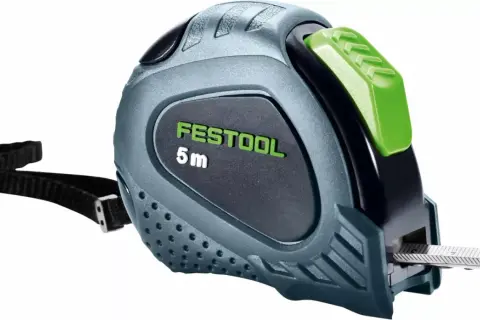 Un mètre ruban Festool 5m, robuste et ergonomique, prêt pour tous vos projets de mesure.