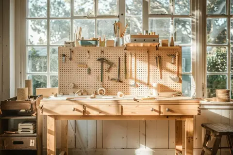 Un établi en bois baigné de lumière, prêt pour apprendre comment travailler le bois. Outils, pièces de bois et fournitures organisés.