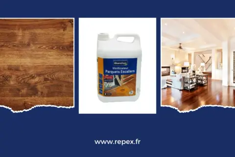 Image montre un parquet, un bidon de vitrificateur et un salon. Une vitrification parquet ratée peut arriver, mais ce produit promet un résultat professionnel.