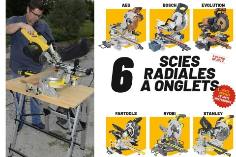 Comparaison de scies radiales à onglets : un homme utilise une scie, six modèles présentés (AEG, Bosch, Evolution, etc.).