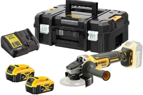 Coffret de rangement, meuleuse d'angle, chargeur et deux batteries 18V 5.0Ah de marque Dewalt.