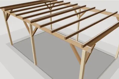 Structure en bois d'une pergola fait maison, en cours de construction, avec des poteaux et des poutres apparents.