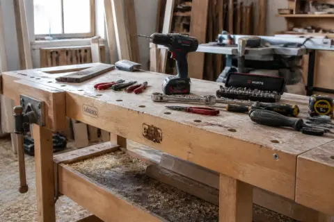 Établi en bois avec une perceuse, des tournevis, une clé à cliquet et une boîte d'embouts de la marque **outillage professionnel** Wurth.