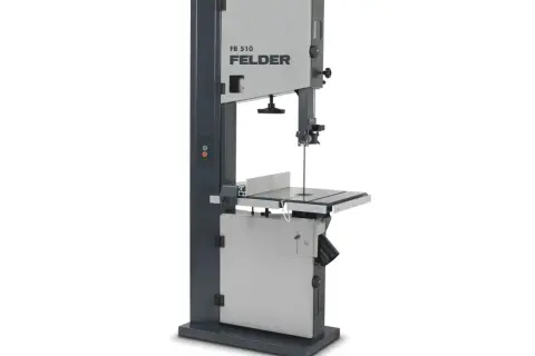 Une scie à ruban FELDER FB 510, machine professionnelle pour la découpe du bois, avec son design gris et anthracite.