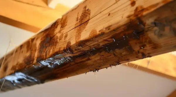 Gouttes sombres suintent d'une poutre en bois, suggérant un besoin urgent de nettoyer les poutres poussiéreuses et de traiter l'humidité.