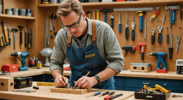 Un homme concentré dans son **atelier bricolage**, entouré d'outils, assemble des pièces sur un établi en bois.