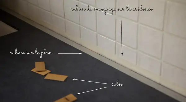 Préparation pour la pose d'un nouveau plan de travail : ruban de masquage sur la crédence et cales en bois sur le plan actuel.