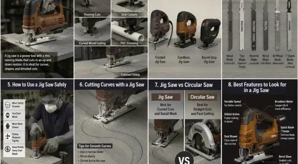 Un bricoleur utilise une scie sauteuse pour réaliser des coupes courbes précises. Cet outil est idéal pour les travaux de détail.