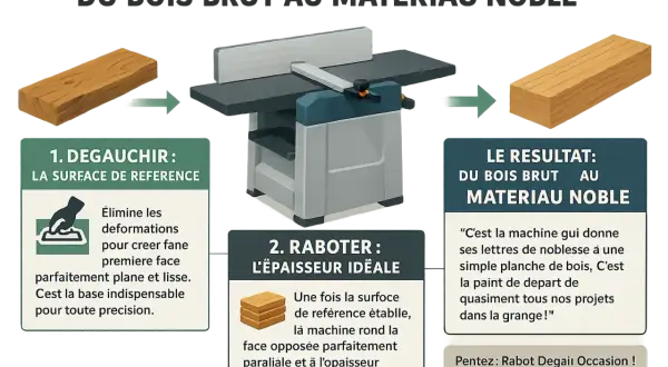 Illustration du processus de transformation du bois brut en matériau noble grâce à une dégauchisseuse raboteuse. Pensez : Rabot Dégau occasion !