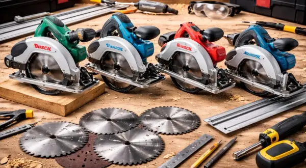 Quatre scies circulaires de différentes couleurs (vert, bleu, rouge, bleu) sont alignées sur un établi en bois, entourées de lames, d'outils et de lunettes de protection.