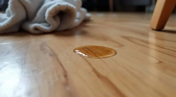 Une flaque de liquide brun sur un parquet en bois. Un tissu blanc est en arrière-plan. Comment enlever tache incrustée parquet ?